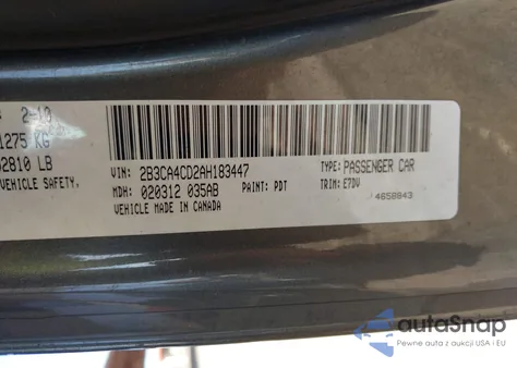 2010 Dodge Charger z USA, uszkodzony, nr VIN 2B3CA4CD2AH183447